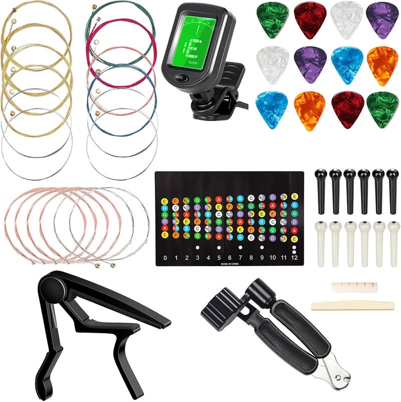 JINWEE Guitar Accessories Kit Including acoustic Guitar Strings, tuner, capo, 3-in-1 restring tool, picks, bridge pins, guitar nuts saddles and Fretboard Stickers(48 Pcs) - Image 1